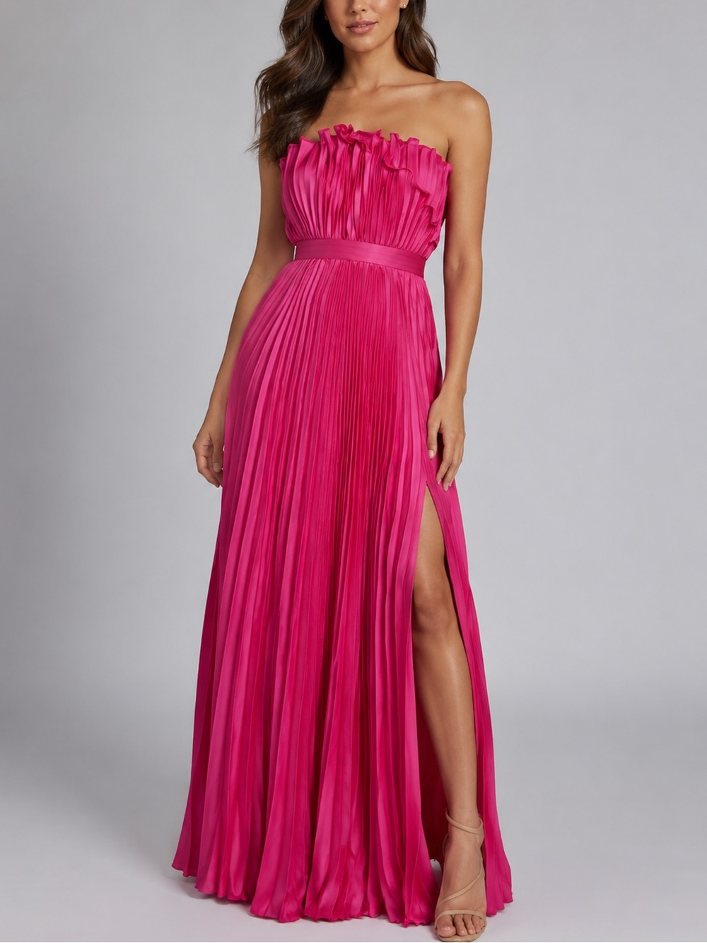 🆕🌷 AMUR Arora Blooming Lily Pink Strapless Pleated Maxi Gown Dress Sz 4 Party